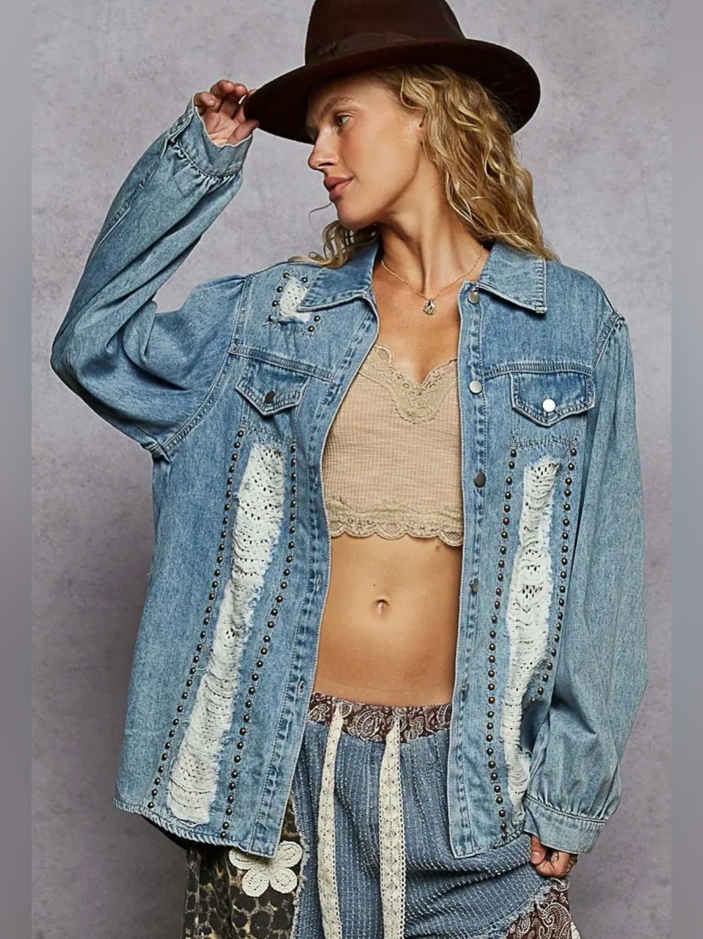 POL Studded Distressed Denim Jacket